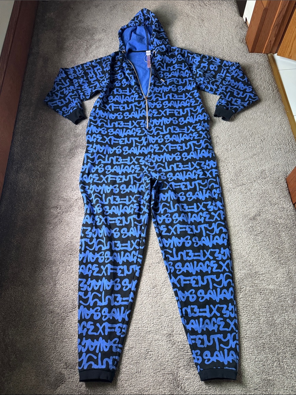 Savage X Fenty Forever Savage Hooded Graffiti Onesie Blue Black SIZE XL